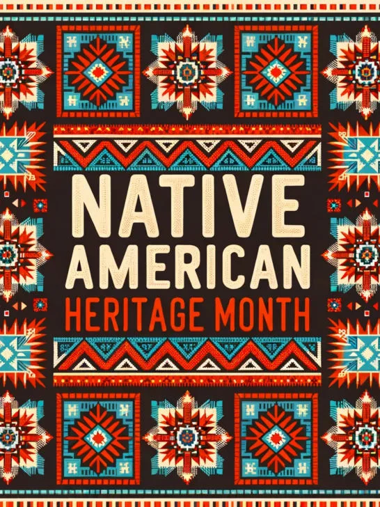 Design featuring an intricate Navajo pattern in rich colors. At the center, the text 'Native American Heritage Month' is displayed prominently.